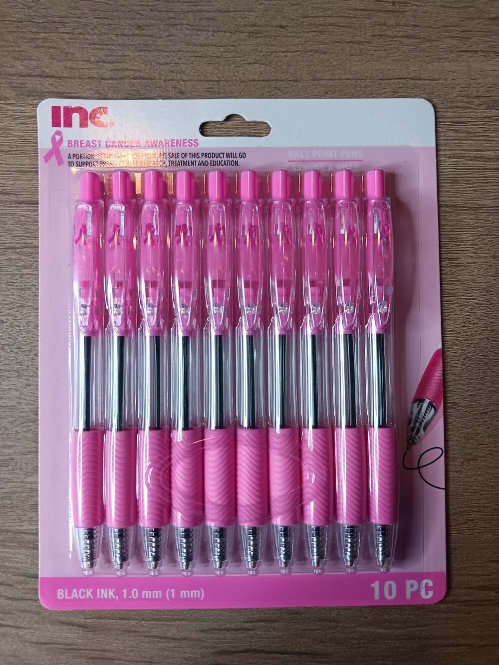 Inc. Breast Cancer Awareness Ballpoint Pens Black Ink 1.0 mm 10 Pack